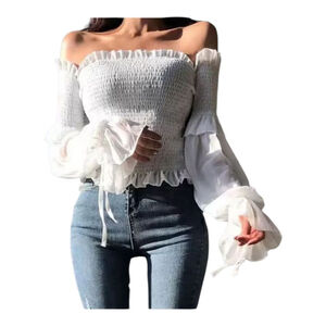 Storets White Smocked Off the Shoulder Ruffle Sleeve Romantic Blouse
